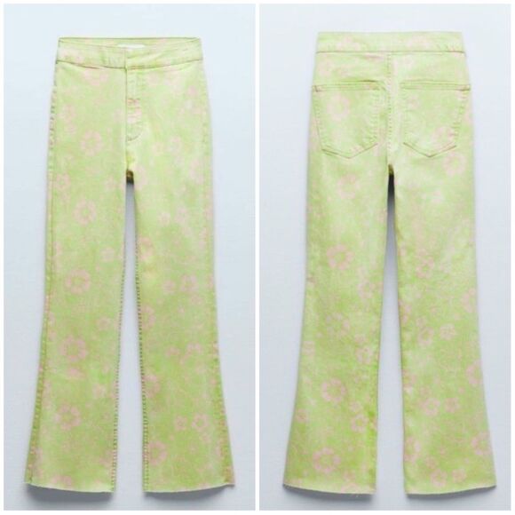 Zara 70's Retro Lime Green Mod Floral Print Flare Jeans - Picture 10 of 10